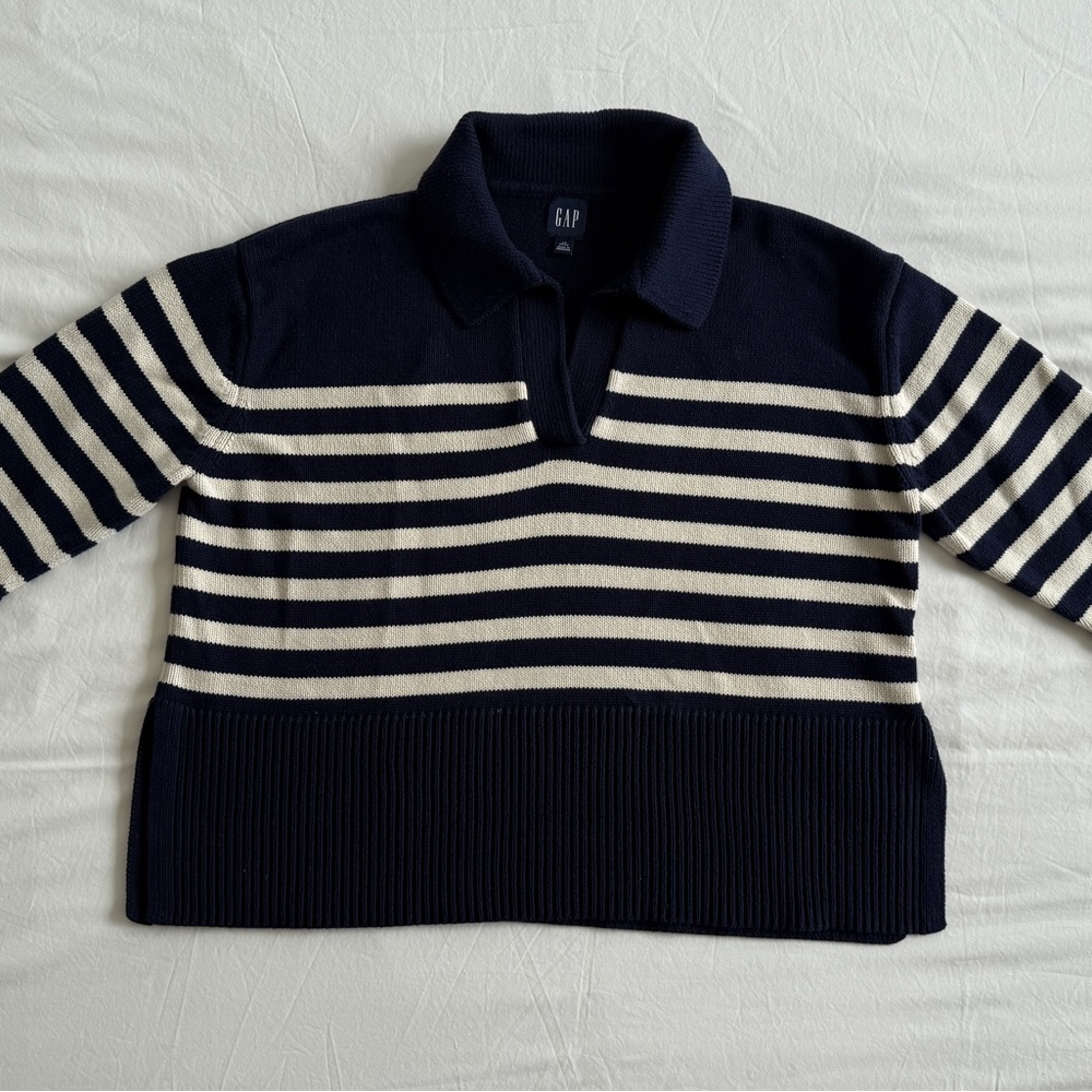 Navy and White Striped Women's Sweater - Picture 2 of 7